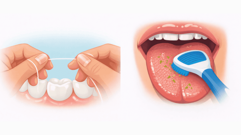 Completa el cepillado con seda dental y limpiando la lengua
